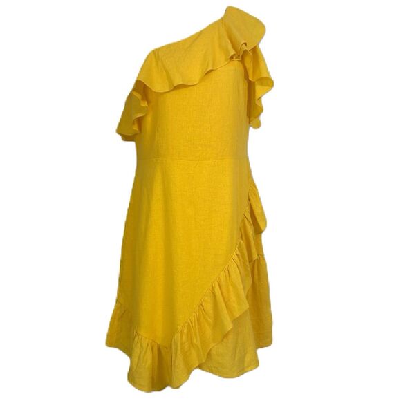 A New Day Dress Women 14 Yellow Linen Ruffle Darts 1 Shoulder Party Salsa NWT - Picture 1 of 15